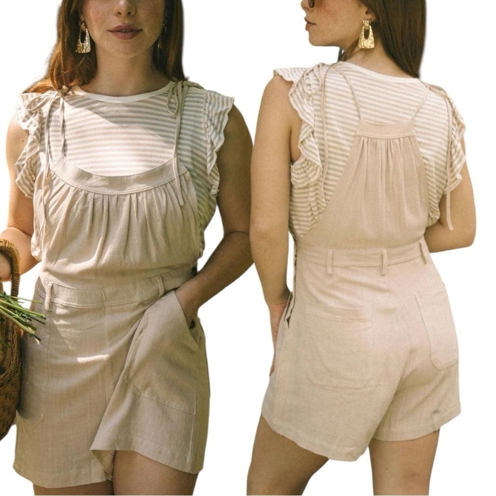 Jackson Rowe Tulum Black Linen Short Overalls Romper Tie Strap Women's Large - Picture 10 of 10